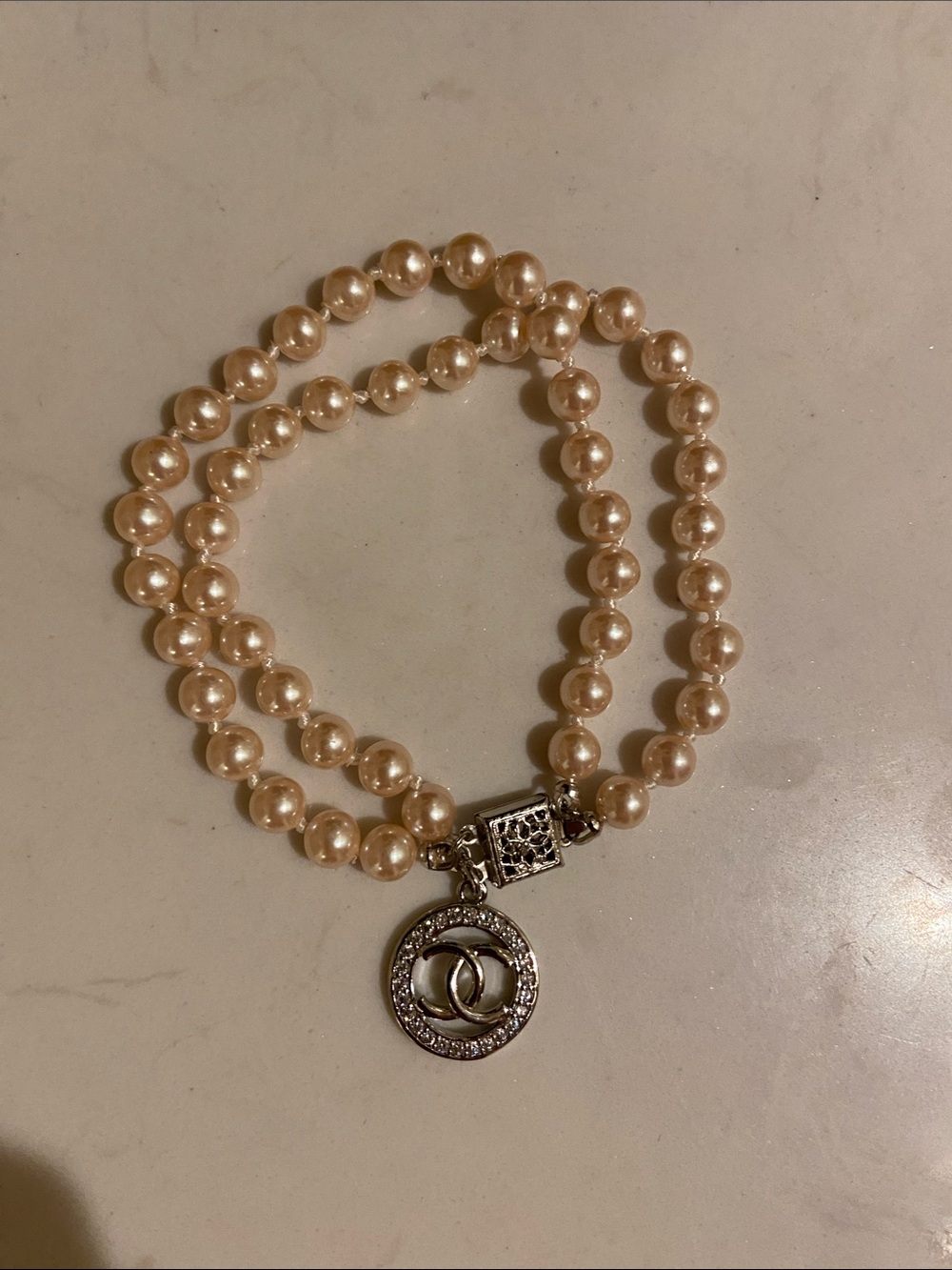 Vintage Cream Luxury Pearl Two Strand Bracelet And CC Chanel Charm